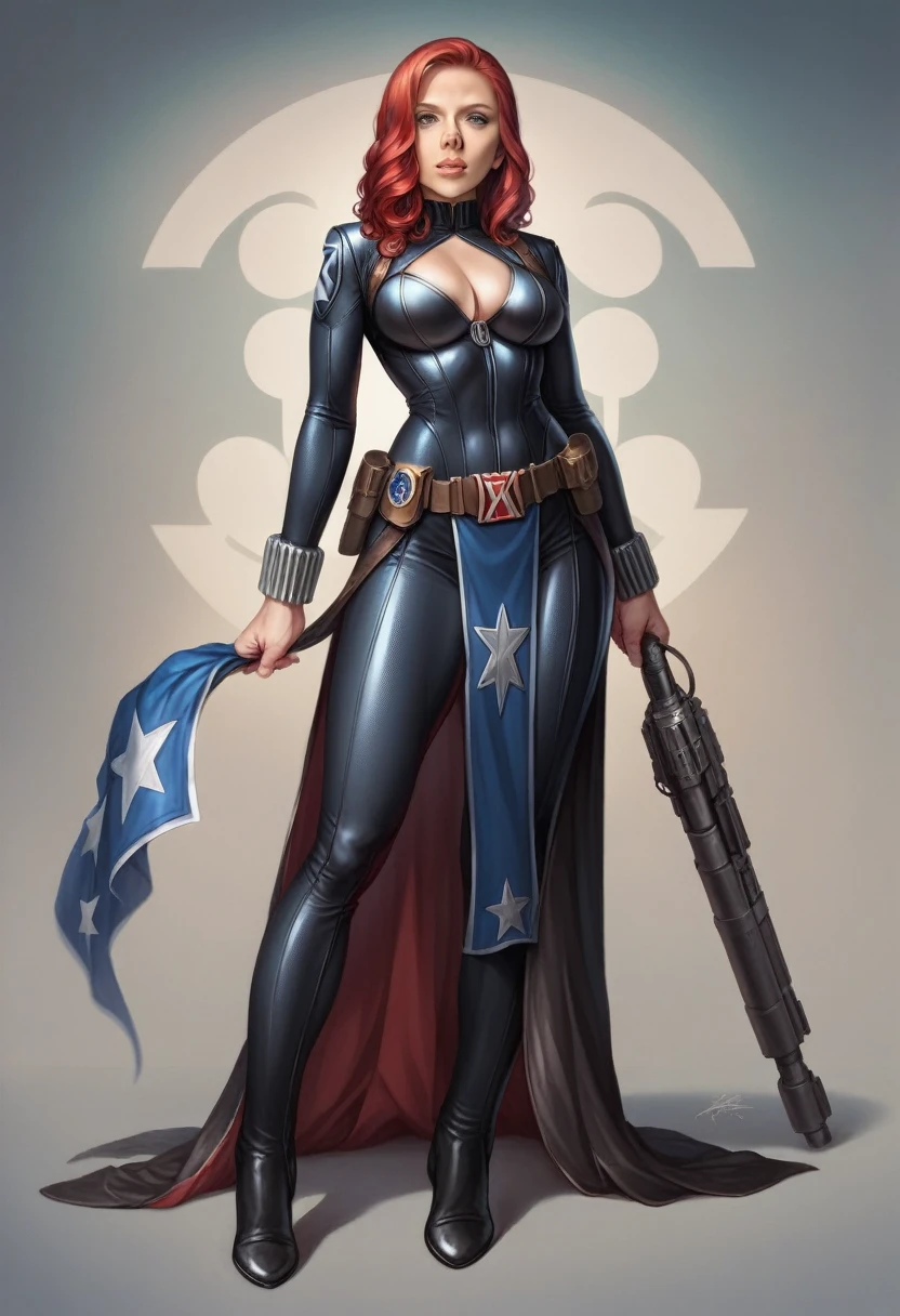 (masterpiece), (best quality), (photorealistic:1.3), 8k, detailed skin texture, detailed cloth texture, beautiful detailed face, intricate details, ultra detailed, scarlett johansson, Black Widow in the style of the Captain America, straight red hair, (full-length body:1.2)
