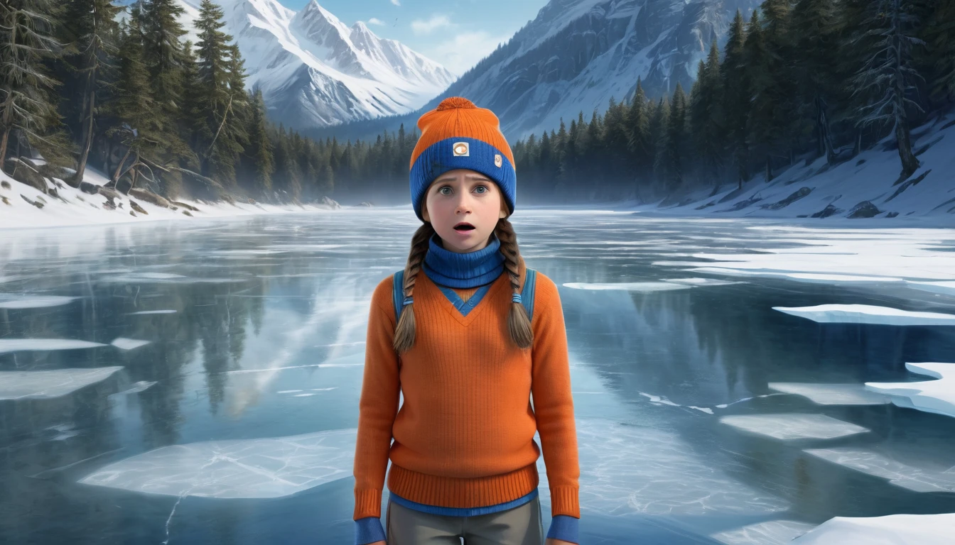 ultra-realistic, cinematic, full HD, 4K image of a , a nine-year-old girl, in panic, wearing an orange sweater and blue cap, with her entire body inside a crack in the ice of a frozen lake, in the middle of a forest, in the background snow-covered mountains, composition following the golden ratio, digital painting, with breathtaking details and HD resolution.