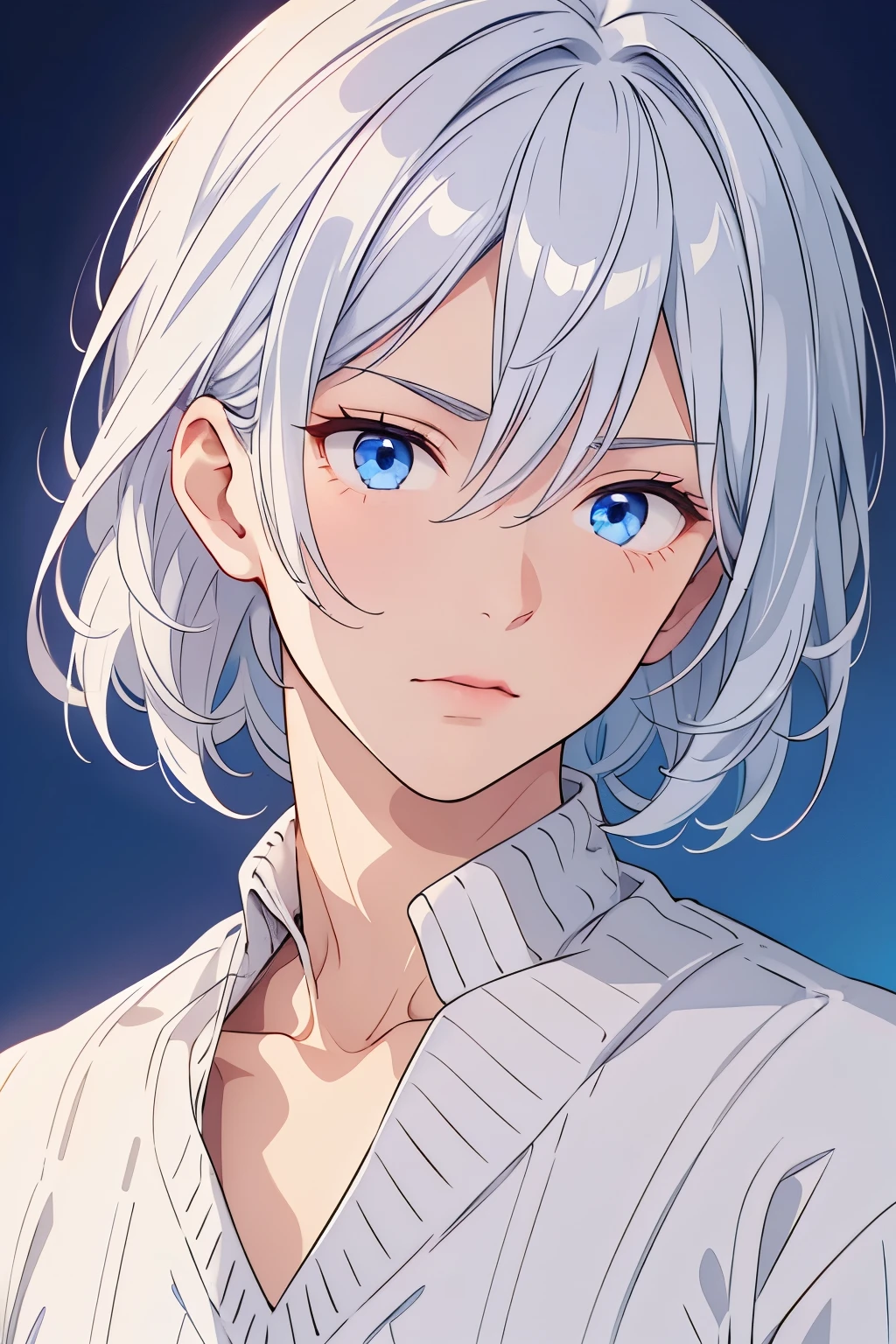 Boy, silver hair, blue eyes, serious sharp features, white skin, shiny lips, handsome, sweater