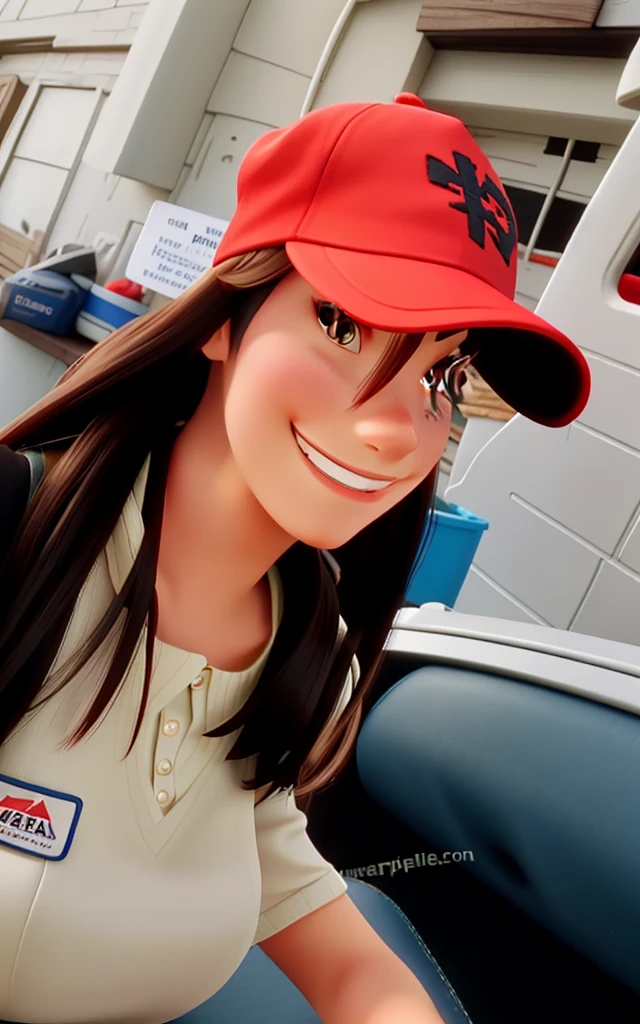 Beautiful brunette woman smiling with a red cap.