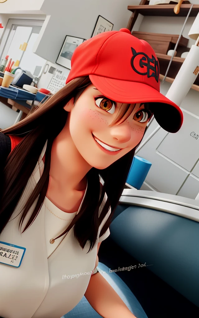 Beautiful brunette woman smiling with a red cap.
