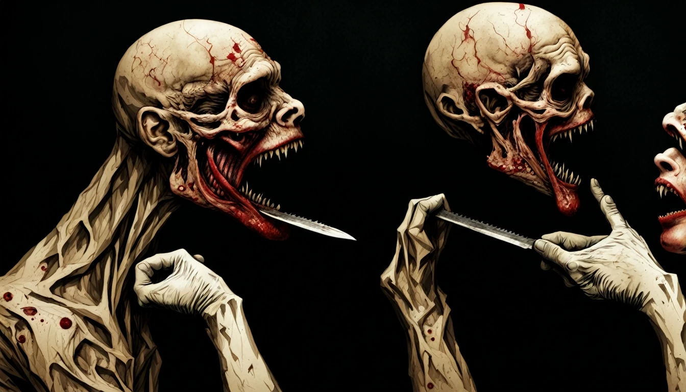 Dave McKean Style - The CORINTHIAN Daemon character Dramatic dynamic portrait Dave McKean Art Style eerie atmosphere Grimdark gritty texture,, ((subtle hints of  in new school Japanese ink in ((jinji ito style)), teeth in orbital sockets,,holding the knife of a recent crime. Tongue, dental exaggeratively fixated, hideous smile, Unsettling 