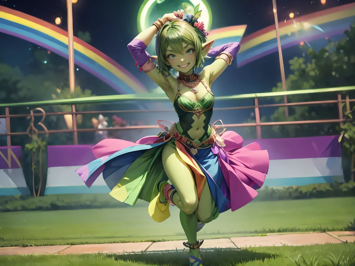 1 girl, short hair, green goblin girl, green skin, small pointy ears, ((rainbow hair)), very fashionable, smiling, full body, outdoors in tokyo, recording a tiktok dance, performing a tiktok dance, dynamic pose, cinematic still