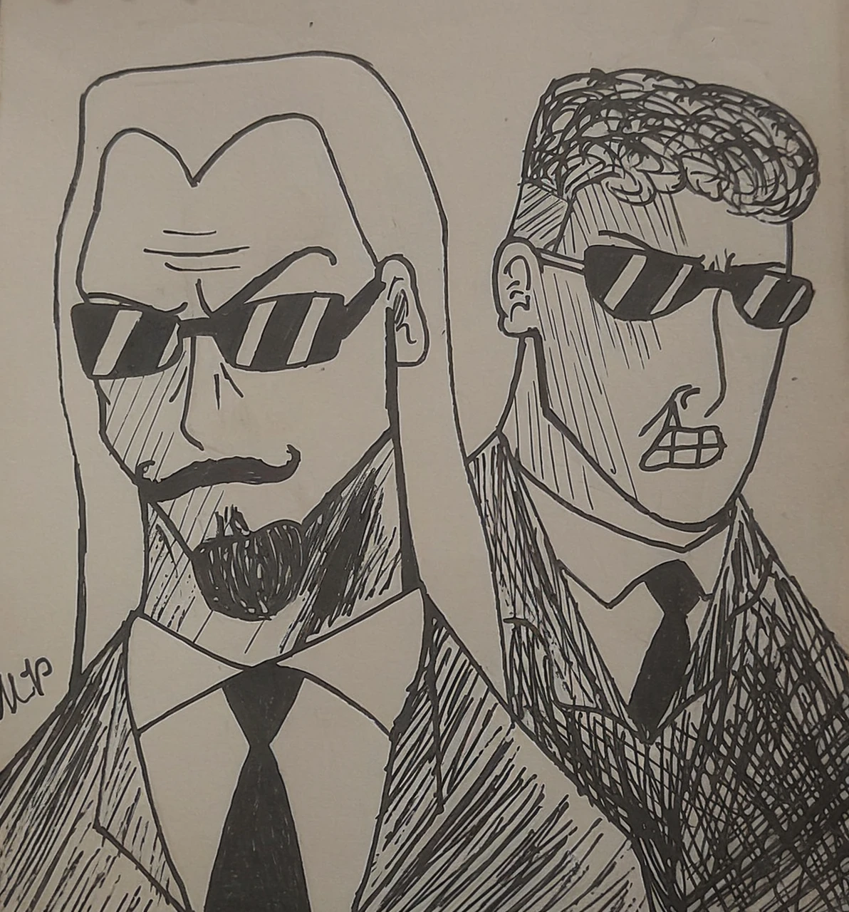 The first man has brown skin and dark brown hair., the second man has light skin and black hair, They are wearing dark glasses and black suits. I want to color the drawing in Cartoon style