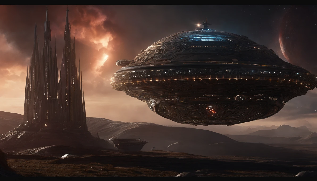 A stunning fusion of medieval and cosmicpunk elements, a unique starship takes center stage, designed by the genius imaginations of Mary Shelley & Michael Westmore. The ship's journey through the vast expanse near a Saturn-Earth-esque planet, with a Nebula nearby, and asteroid belt going through this sector of space. It is brought to life in stunning 750k UHD.The intricate motherboard forms the backbone of the vessel, culminating in an imposing, frightful, & creepy macabre merging of a metallic Dragon & Vulture's head is carved into the front. The ship's powerful artillery is visible in the background, while metallic blood red crystal diamond bat shaped nacelles adorn the rear. Vibrant glass, vibrant diamond, vibrant crystal, protovision. Charcoal style of drawing.