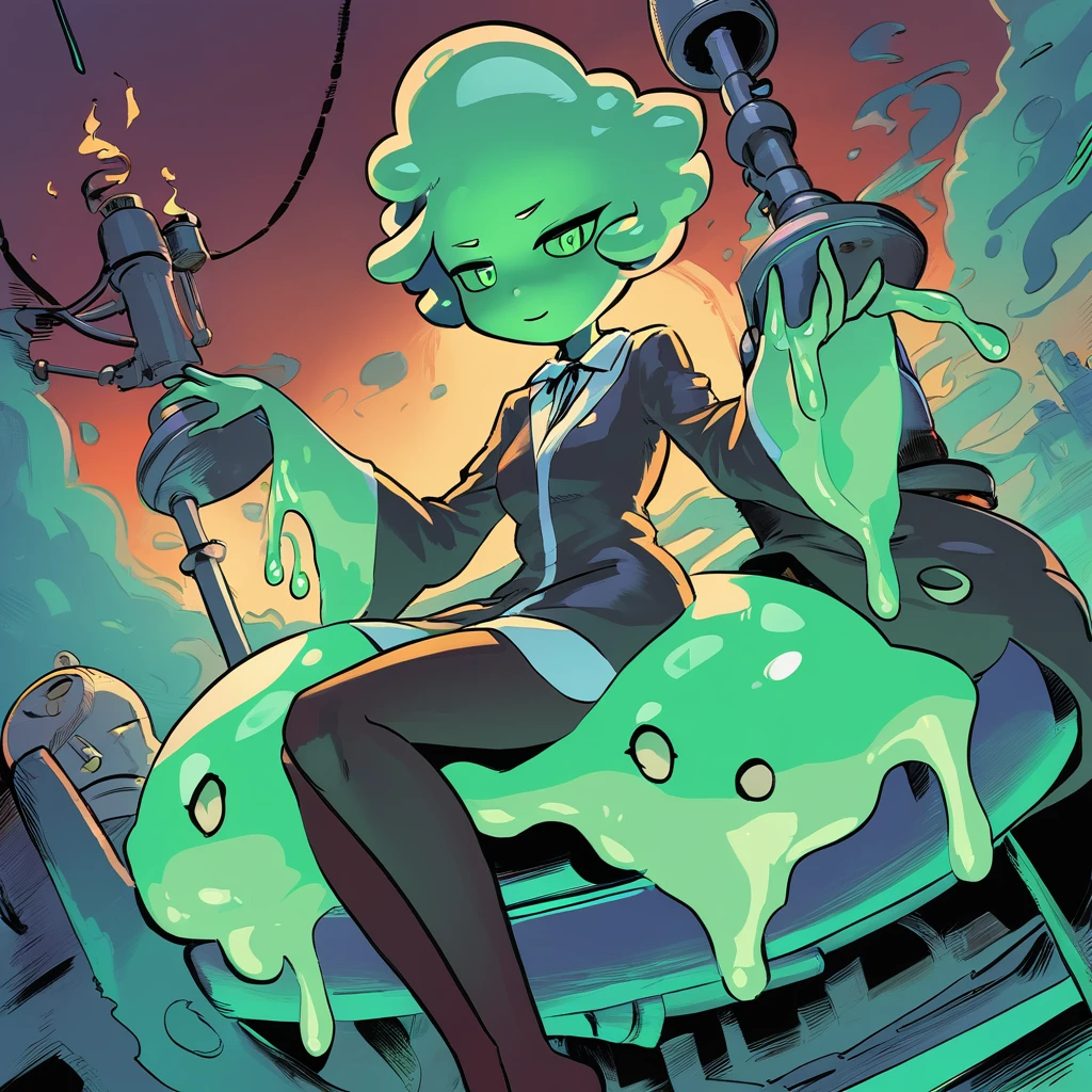 A slime girl with translucid green skin wearing a robe and sitting in a chair eyes wide as a mad scientist uses a abaptiston to pierce skull in juji ito art style