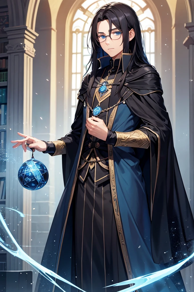 A man with glasses, black long-haired wizard, dark blue eyes, black with blue wizard clothes, young magician, intellectual, cold personality, magic library background