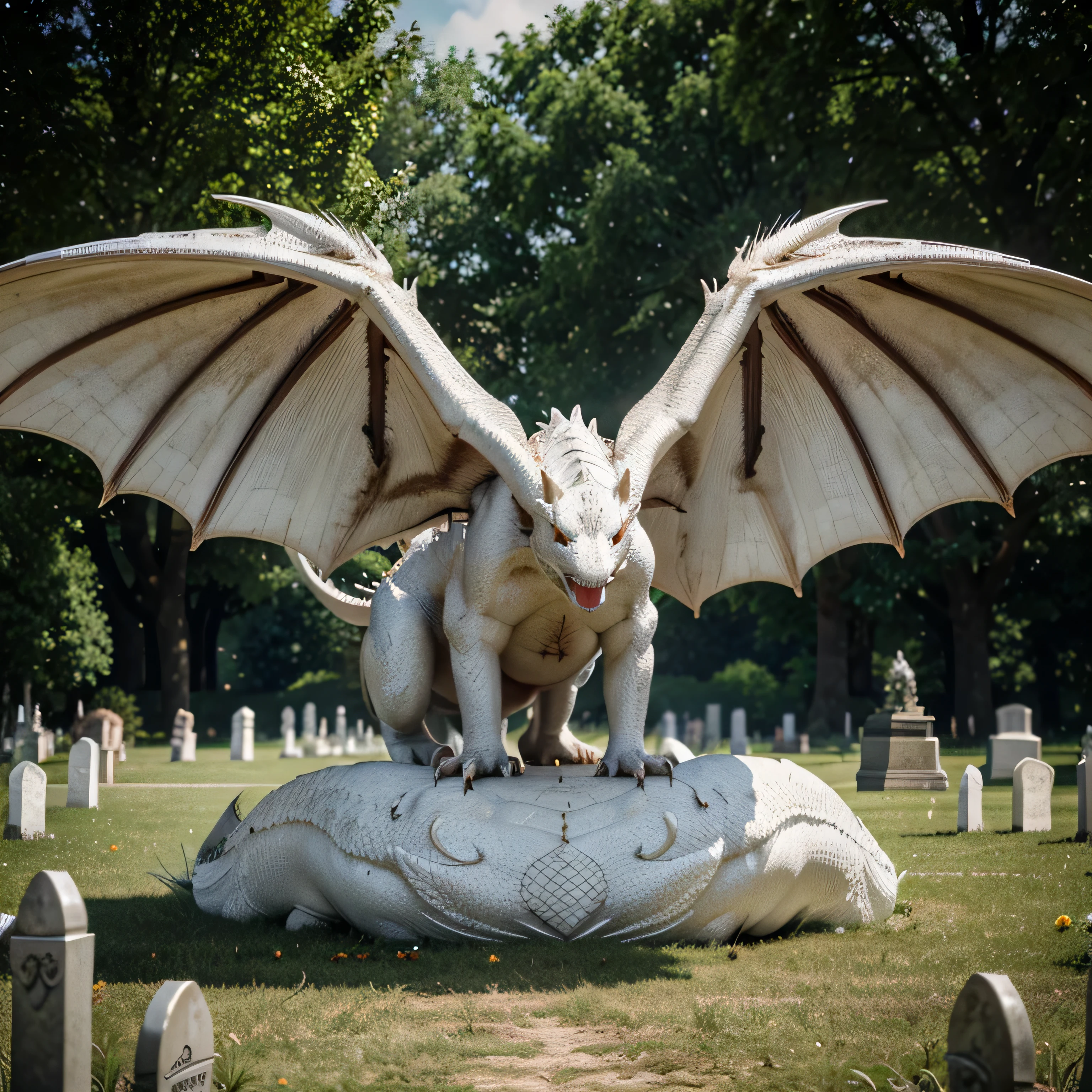 a detailed realistic white dragon emerging from the earth, highly detailed fangs, wings, fire, earth, cemetery, day, vector art, intricate details, masterpiece, best quality, 4k, high resolution