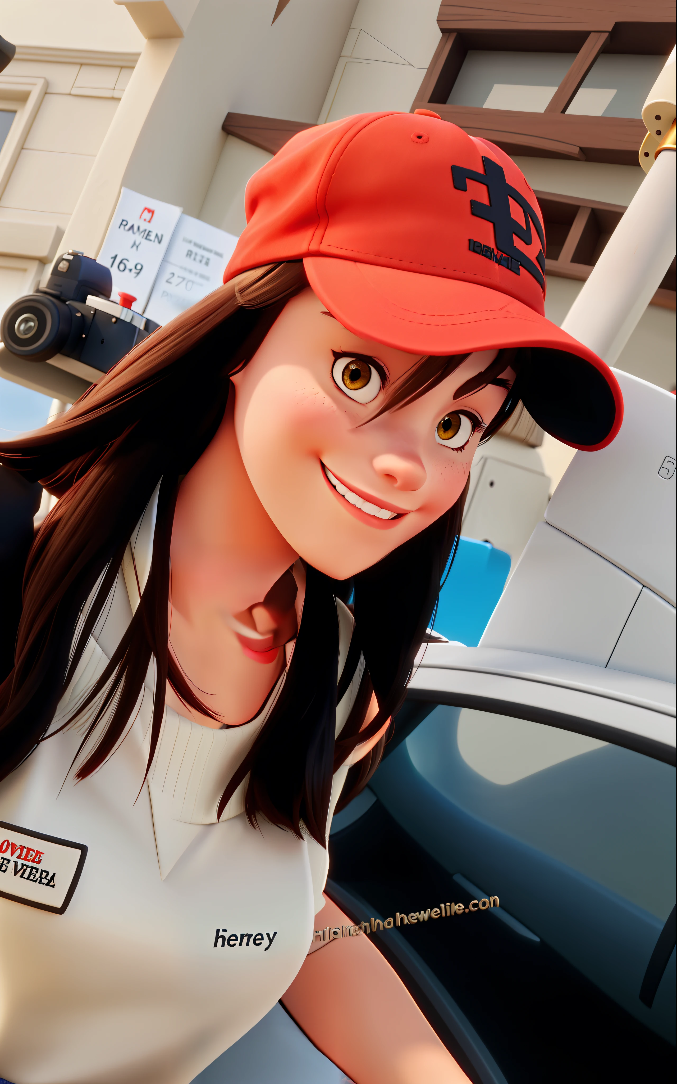 Beautiful brunette woman smiling with a red cap.