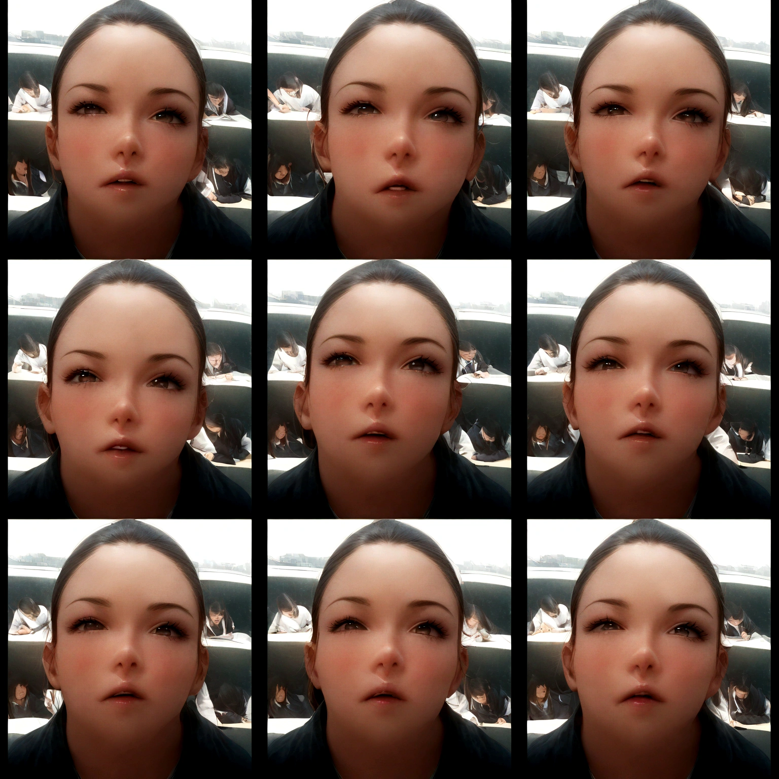 ((many students:1.9) are sitting at desk taking the exam:1.5), (1female taking selfie by iphone of herself taking the exam),1test paper on the each desk. BREAK ,quality\(8k,wallpaper of extremely detailed CG unit, ​masterpiece,hight resolution,top-quality,top-quality real texture skin,hyper realisitic,increase the resolution,RAW photos,best qualtiy,highly detailed,the wallpaper,cinematic lighting,ray trace,golden ratio\),(long shot),dramatic angle,(top-down view:1.3),looking away,(students and desks are lined up neatly :0.2),(better hands)