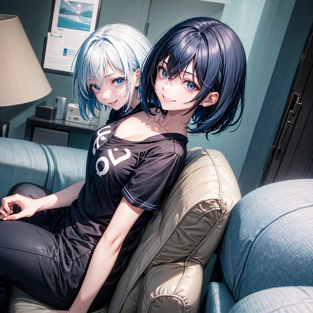 1 single 2d girl with short blue hair, with a black polo shirt and white skin color with her hands making a heart sign and sitting , smiling but only the house with your hands