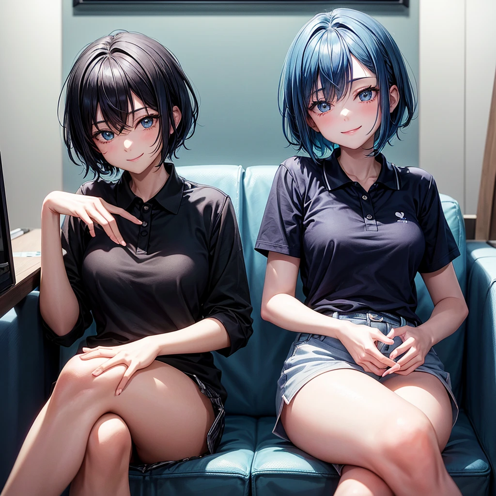 1 single 2d girl with short blue hair, with a black polo shirt and white skin color with her hands making a heart sign and sitting