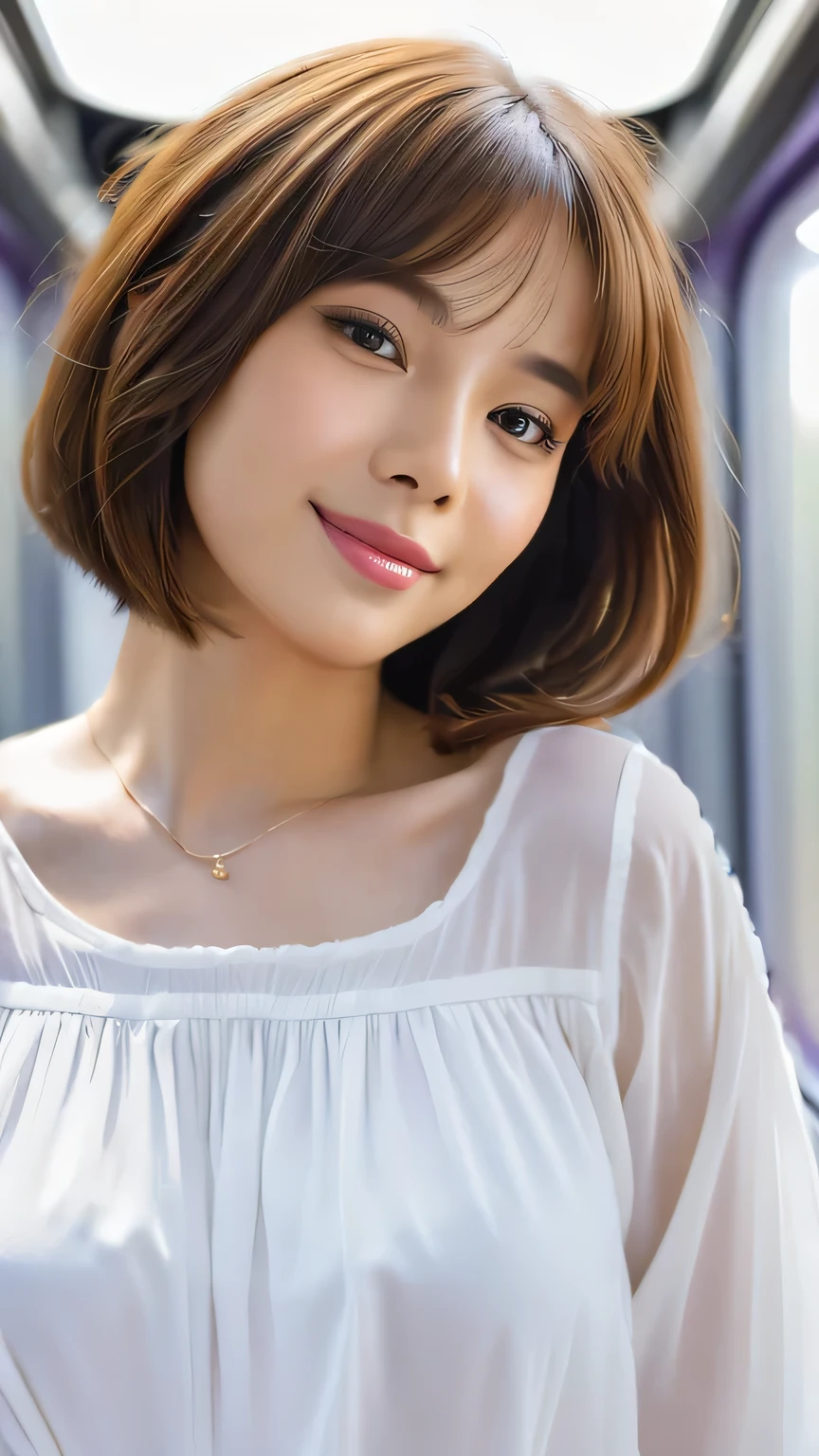 Feminine white blouse,Bob Hair