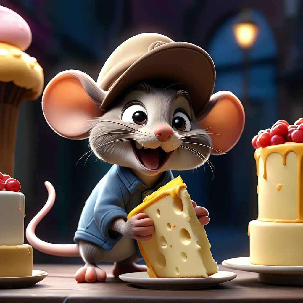 Cake shop, Cool mouse thief in a hat, Breaking down the door, Cake Shop, Scattered cheese, Run with the cake in both hands, At night, Soft lighting, masterpiece, 最high quality, high quality, Ultra high definition, 8K Ultra HD