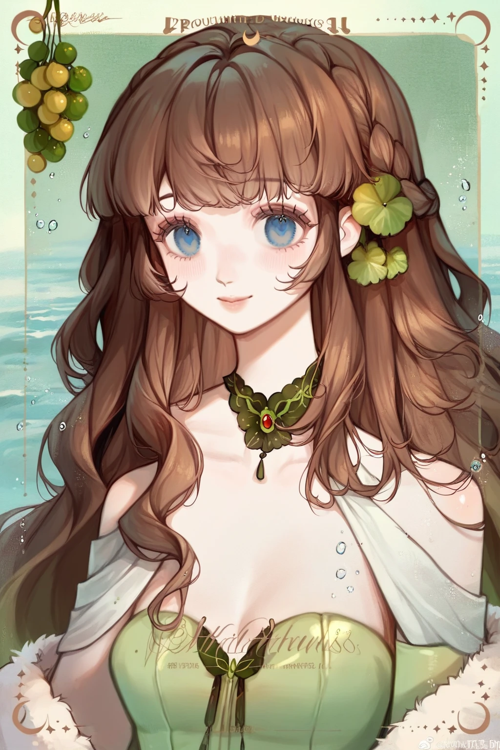 1 girl, CuteStyle, blue eyes, brown hair, long hair with bangs, flowing hair, upper body, dynamic, dressed in a pale green transparent long dress, strapless dress, sleeveless dress, white shawl with fur trim, shiny dress, water drops, pale green latex gloves, bunches green grapes, detailed, lots of details, beautiful, blush, small smile, delicate tones