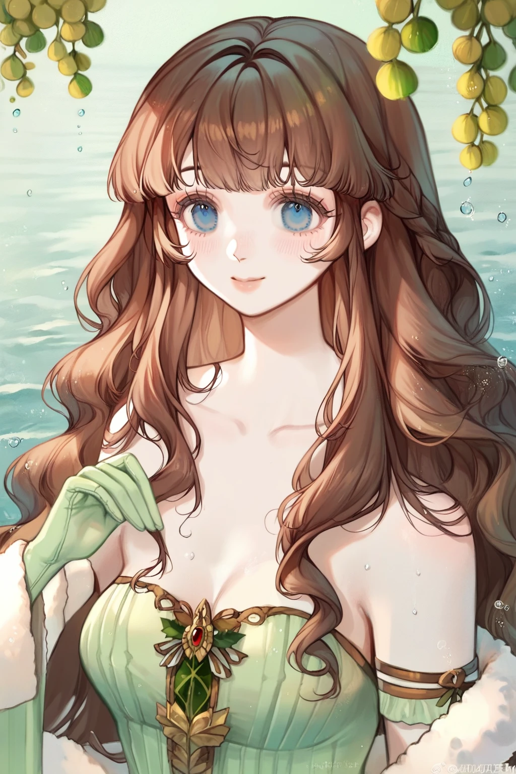 1 girl, CuteStyle, blue eyes, brown hair, long hair with bangs, flowing hair, upper body, dynamic, dressed in a pale green transparent long dress, strapless dress, sleeveless dress, white shawl with fur trim, shiny dress, water drops, pale green latex gloves, bunches green grapes, detailed, lots of details, beautiful, blush, small smile, delicate tones