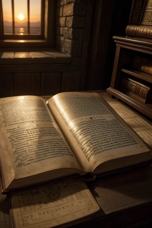 a medieval gothic style bible and next to it a sunset ]