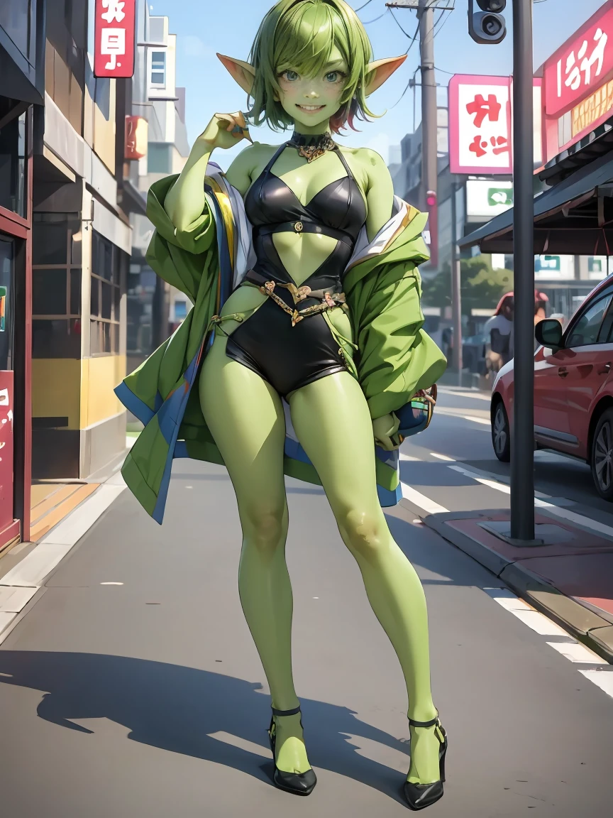 1 girl, short hair, green goblin girl, green skin, small pointy ears, (rainbow hair), very fashionable, smiling, full body, outdoors in tokyo, recording a tiktok dance