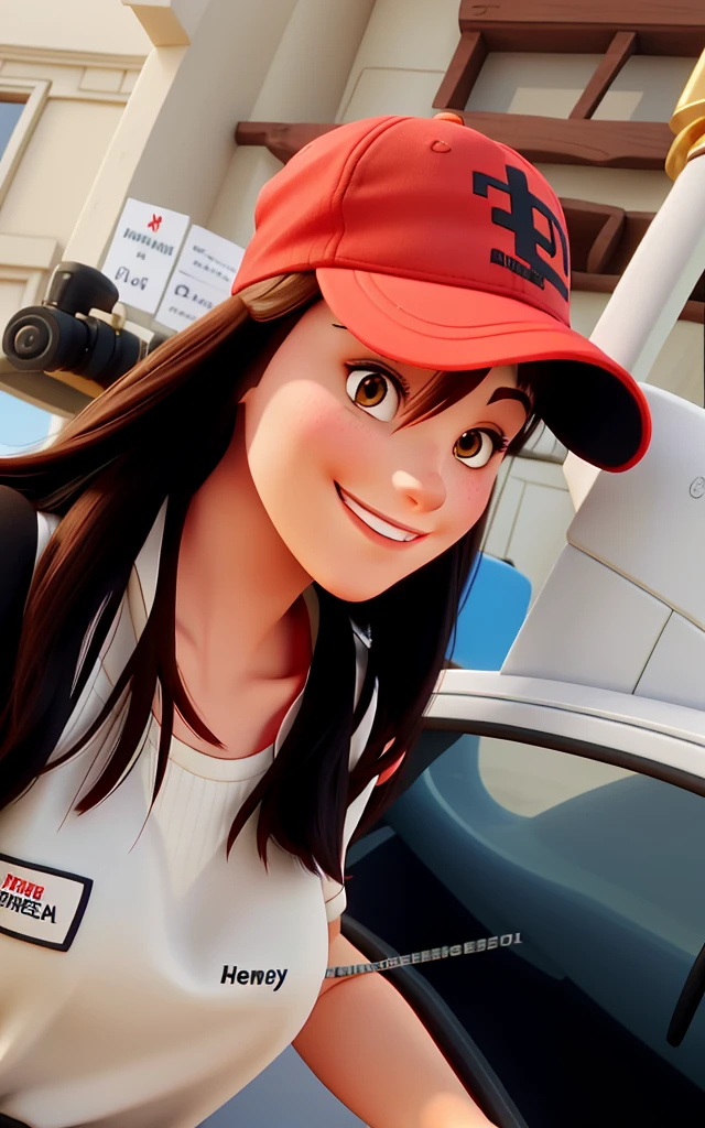 Beautiful brunette woman smiling with a red cap.