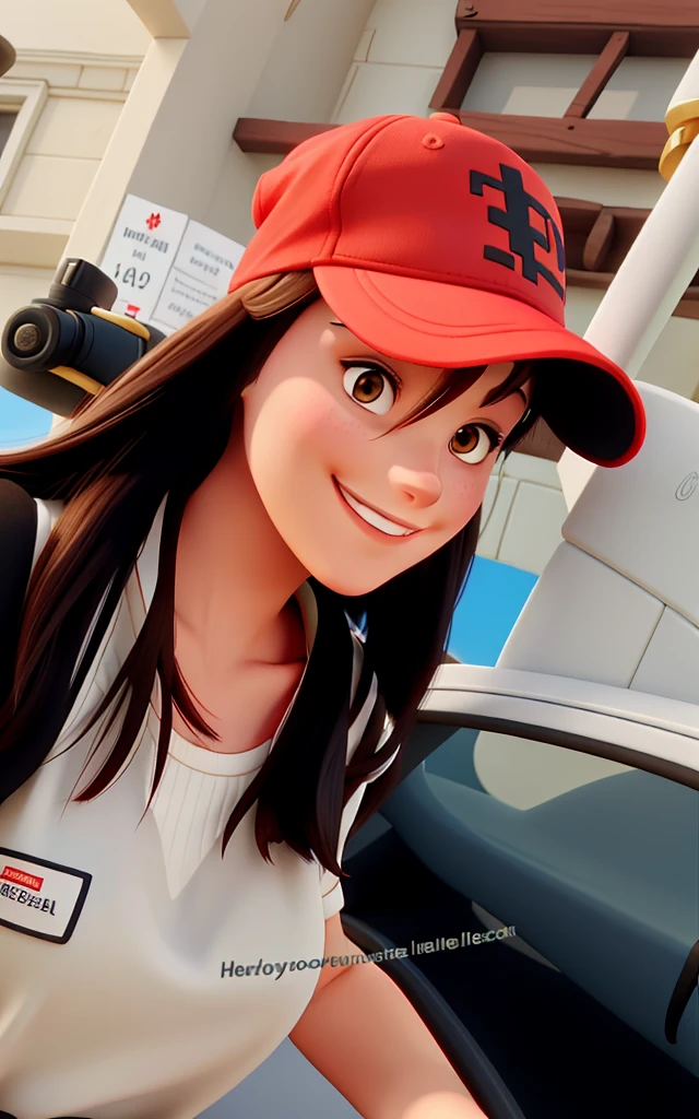 Beautiful brunette woman smiling with a red cap.