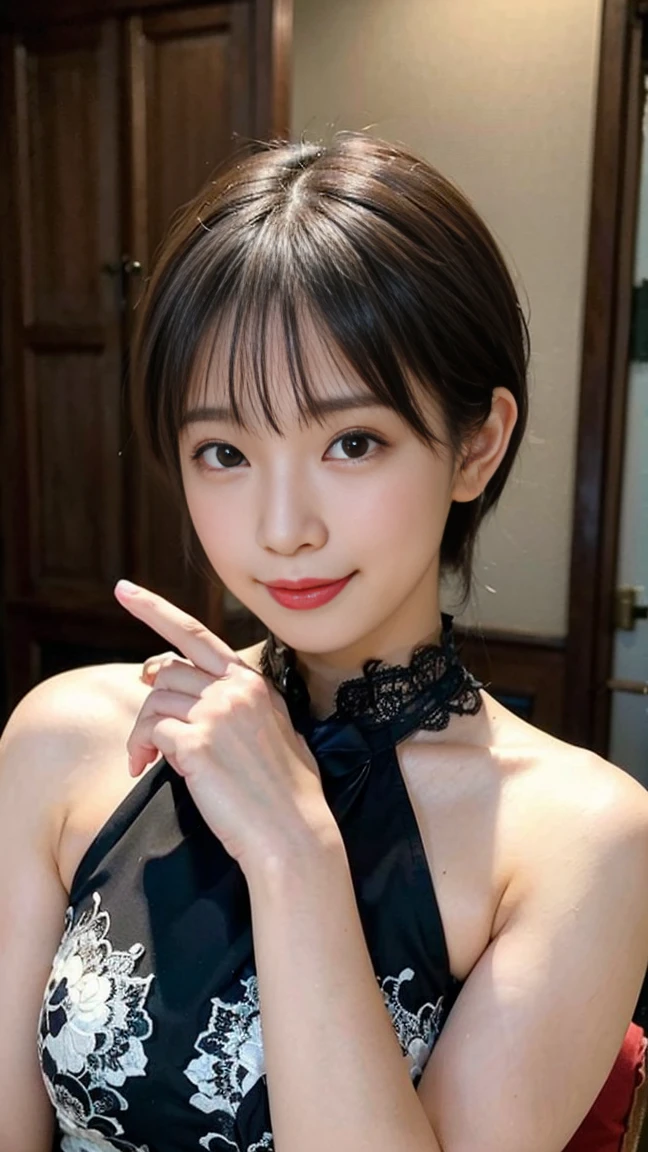 1 Nogizaka Musume、very cute、beautiful girl、19 years old、(gothic fashion)、beautiful face, Exquisite details of eyes and skin、fine black shiny hair、Classy ruffles、frilled tie、ribbon tie、rose hair accessories、(smile at the camera)、(cowboy shot)、(sea of europe)、professional lighting、break、(realistic、Photoreal:1.37)、8K、(masterpiece)、(highest quality:1.4)、(Super high resolution:1.2)、 (Raw photo:1.2)、(delicate lace、soft fabric、beautiful rose pattern dress)、perfect anatomy、4 fingers and 1 thumb、seaside background、(Wallpaper by Unity 8K)