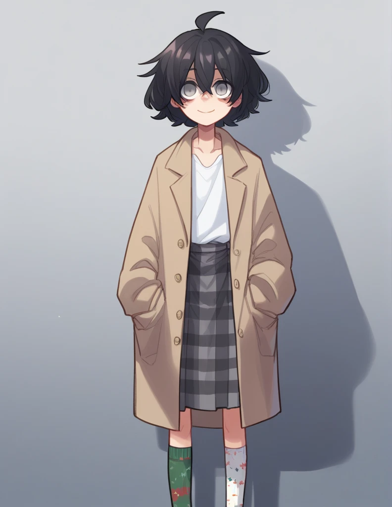 1girl, Alone, ppka, black hair, short hair, messy hair, Ahoge, parts, grey eyes, empty eyes, blind, White shirt, beige coat, plaid skirt, grey skirt, mismatched socks, different socks, highly strung, slight smile,