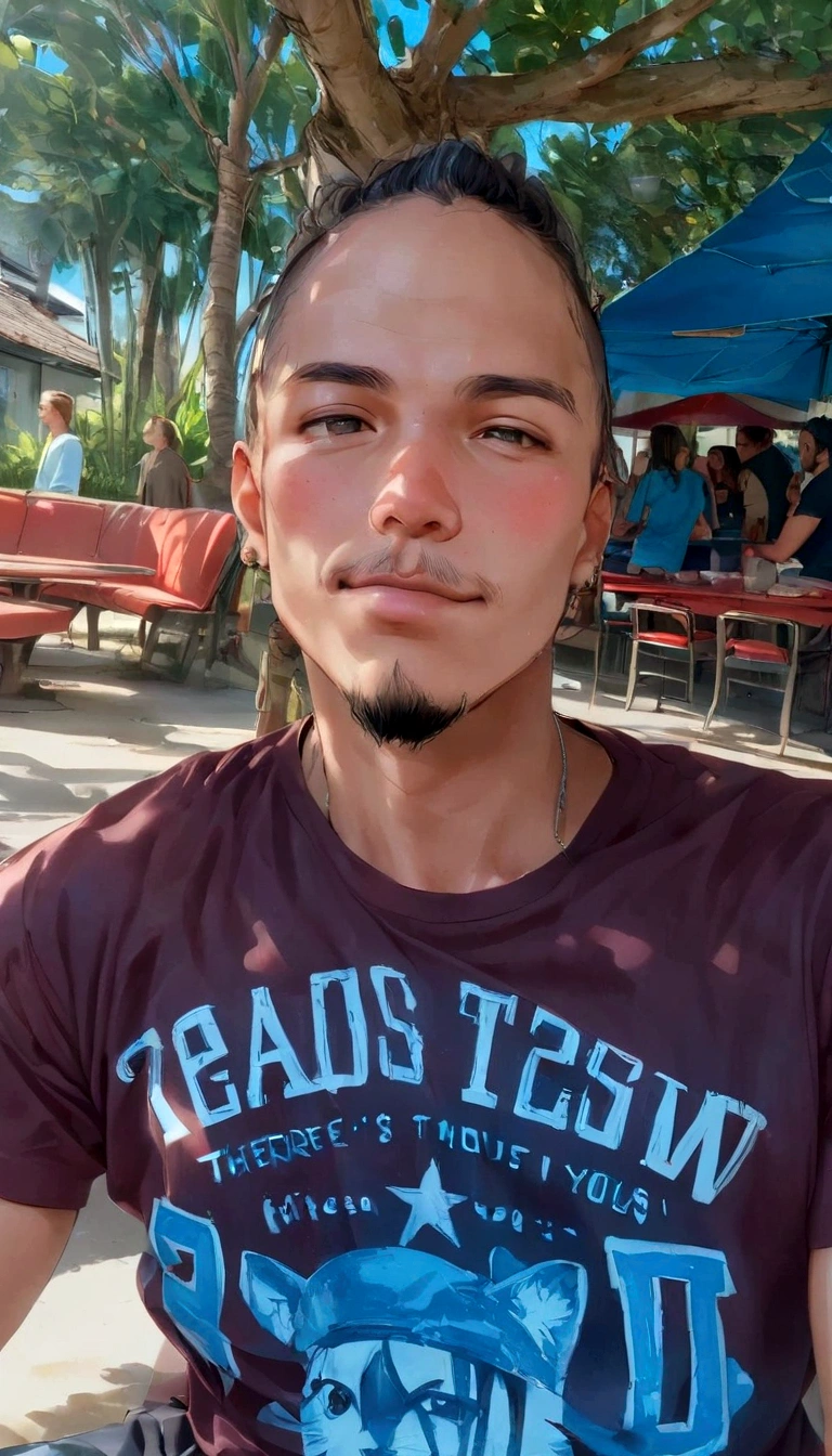 There's a man who's sitting at the table with a sandwich, taken at the beginning of 2020, about 19 years old, profile image, 23 year old, 27 years old, goatee, profile pic, taken in the late 2000s, profile pic com foto na cabeça, caio santos, very low quality image