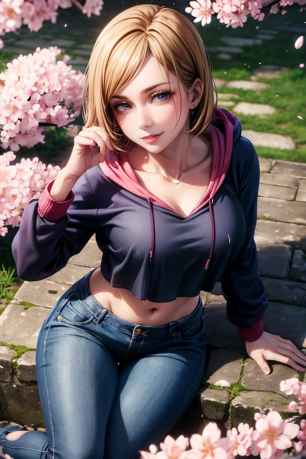 (best quality,4k,8k,highres,masterpiece:1.2),ultr
a-detailed,realistic,photorealistic:1.37,detailed
eyes,beautiful detailed lips,pale.nobara kugisaki
wearing dark blue layered hoodie, perfect figure,
attractive rounded breasts, naughty smile, puffy
lips, posing in sunshine, outdoor , dark blue
layered hoodie, cherry blossom trees, green trees, sakura falling, in the park, jeans and layered hoodie with t shirt 