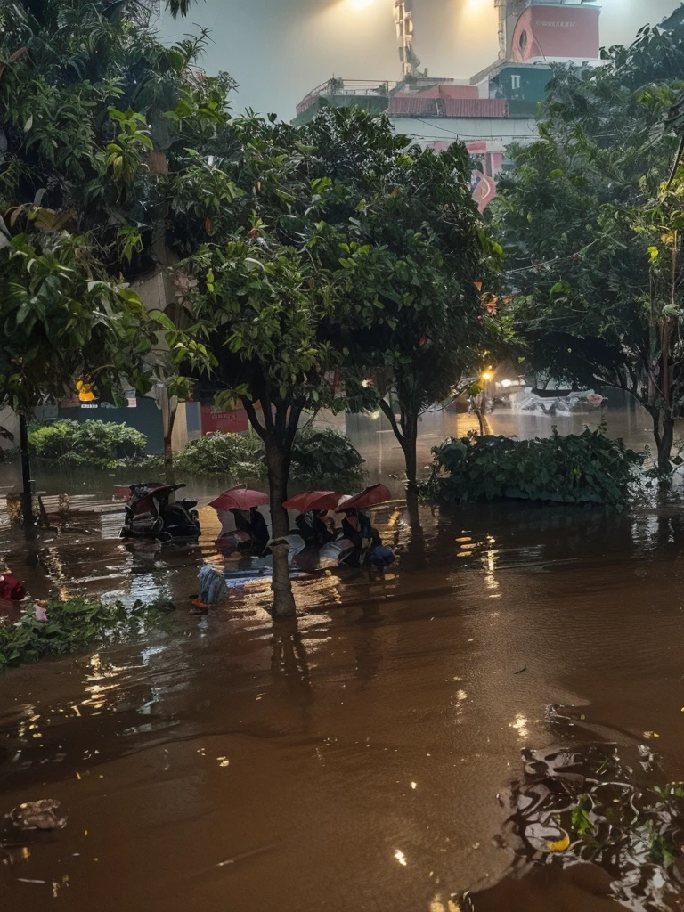 Heavy rain caused extensive flooding,Busy streets in Chennai, India, flooded, at the same time, A raging hurricane unleashes its fury with relentless winds and torrential rain, Create chaotic and memorable scenes in the city. --automatic