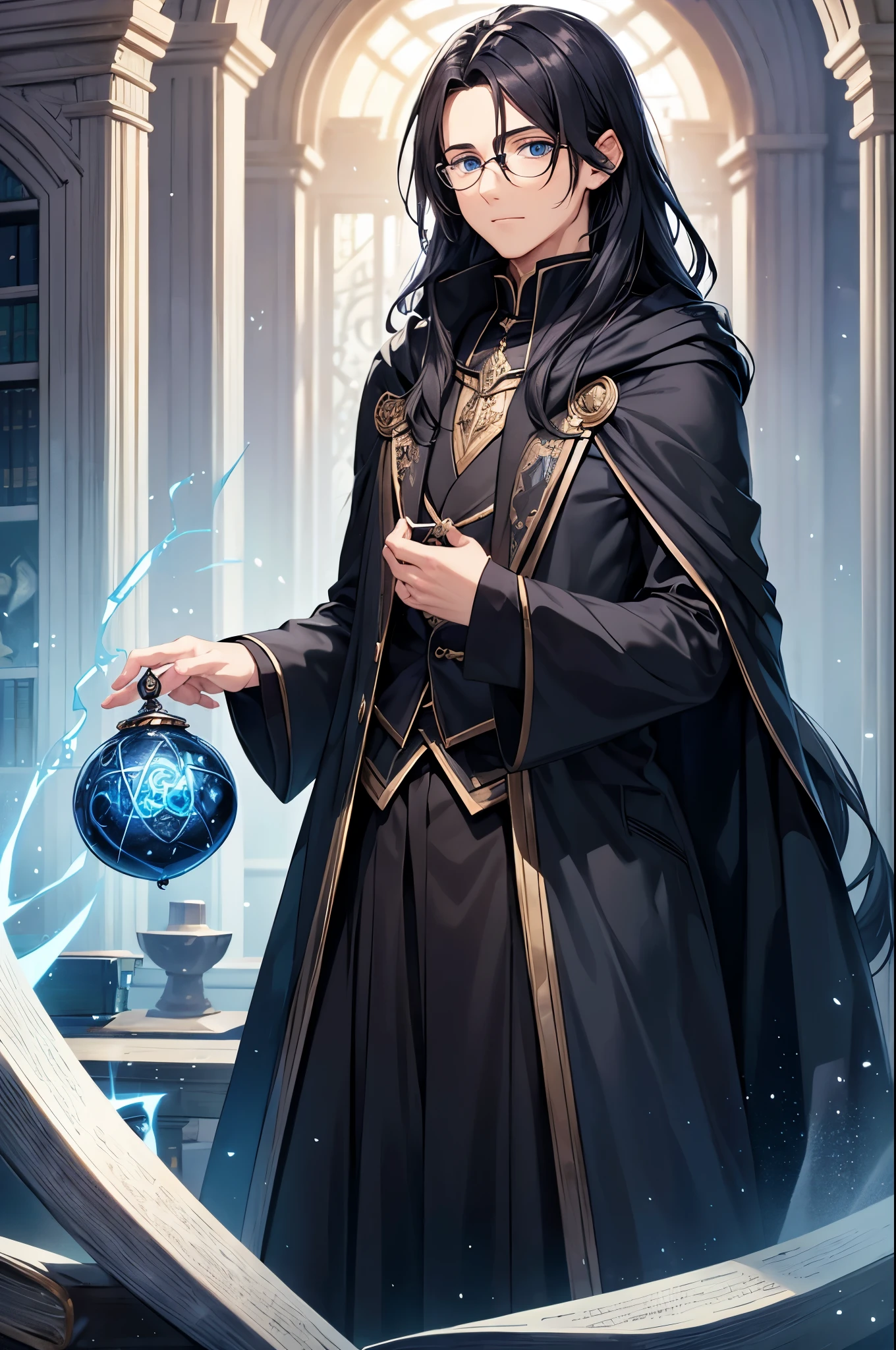 A man with glasses, black long-haired wizard, dark blue eyes, black with blue wizard clothes, young magician, intellectual, cold personality, magic library background