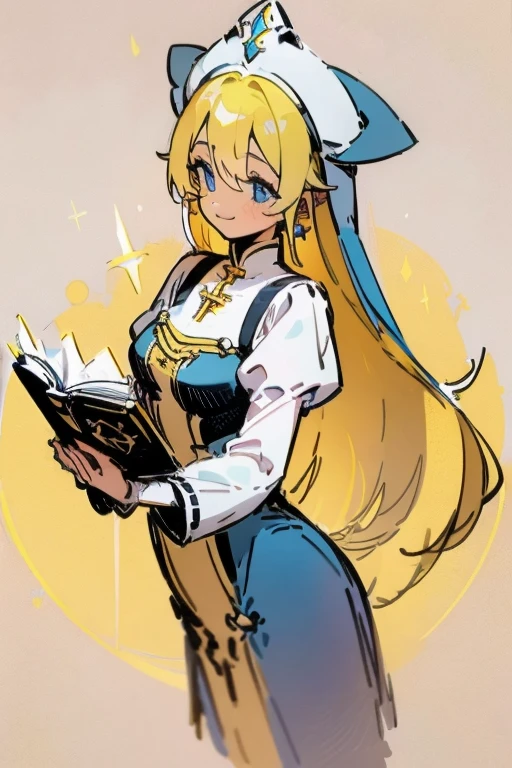 Girl with long bright yellow hair, blue colored eyes,tight-fitting nun dress with corset and high neck, with white sleeves with blue details, cross-shaped earrings in the ears, cross pendant,Center of the forest, smile, magic book in hand