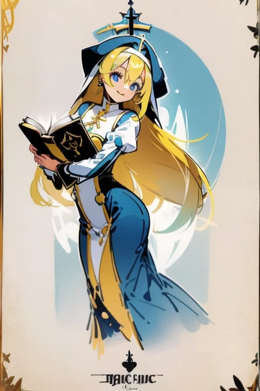 Girl with long bright yellow hair, blue colored eyes,tight-fitting nun dress with corset and high neck, with white sleeves with blue details, cross-shaped earrings in the ears, cross pendant,Center of the forest, smile, magic book in hand