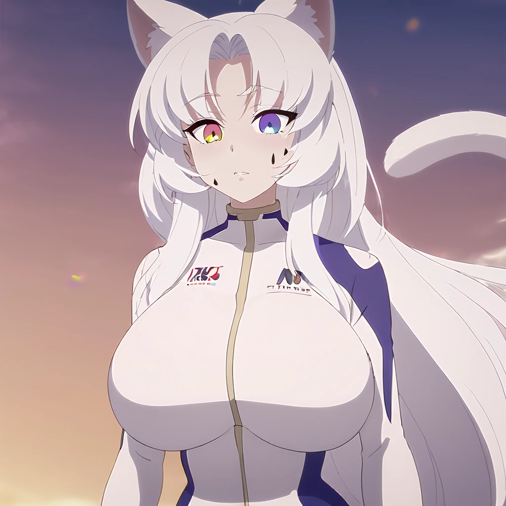 beautiful white neko, long white neko ears, white neko tail, anime style, purple eye, blue eye, big breasts, extremely detailed eyes and face, Wearing White and Purple Race Suit, white long hair, heterochromia, wide waist, mature woman, black small beauty mark under right eye