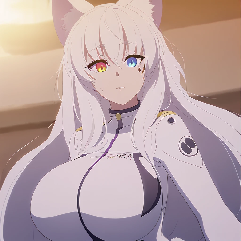 beautiful white neko, long white neko ears, white neko tail, anime style, purple eye, blue eye, big breasts, extremely detailed eyes and face, Wearing White and Purple Race Suit, white long hair, heterochromia, wide waist, mature woman, black small beauty mark under right eye