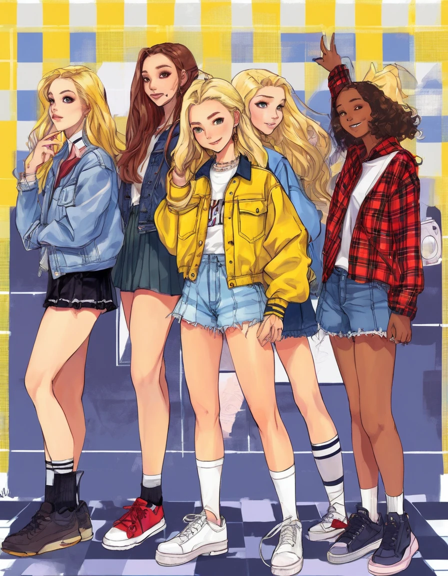 (full height:1.3), a vivacious ((ah, Woman)) Como Cher Horowitz de Clueless. In your yellow plaid , posing with her high school friends. inspired by Krenz Cushart, neoism, personal, WLOP, idiotic animes. hair blonde, epitome of 90s teen fashion.
