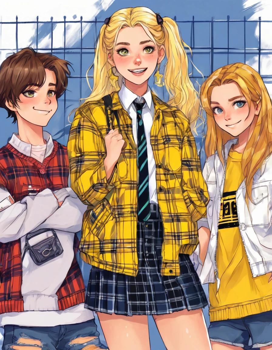 (full height:1.3), a vivacious ((ah, Woman)) Como Cher Horowitz de Clueless. In your yellow plaid , posing with her high school friends. inspired by Krenz Cushart, neoism, personal, WLOP, idiotic animes. hair blonde, epitome of 90s fashion.