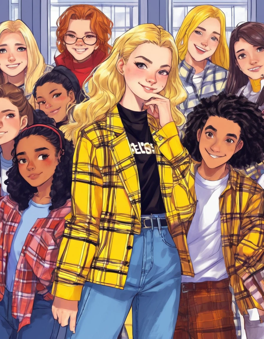 (full height:1.3), a vivacious ((ah, Woman)) Como Cher Horowitz de Clueless. In your yellow plaid , posing with her high school friends. inspired by Krenz Cushart, neoism, personal, WLOP, idiotic animes. hair blonde, epitome of 90s teen fashion.