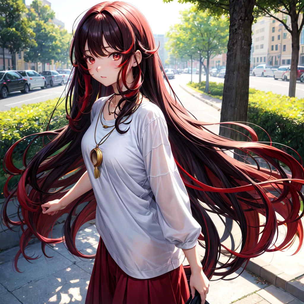 anime panel,upper body, 1girl,solo Korean, black curly hair with red highlights(long hair), red slanted eyes, casual clothes, necklace, hair illuminated by sunlight, park background , blushing
