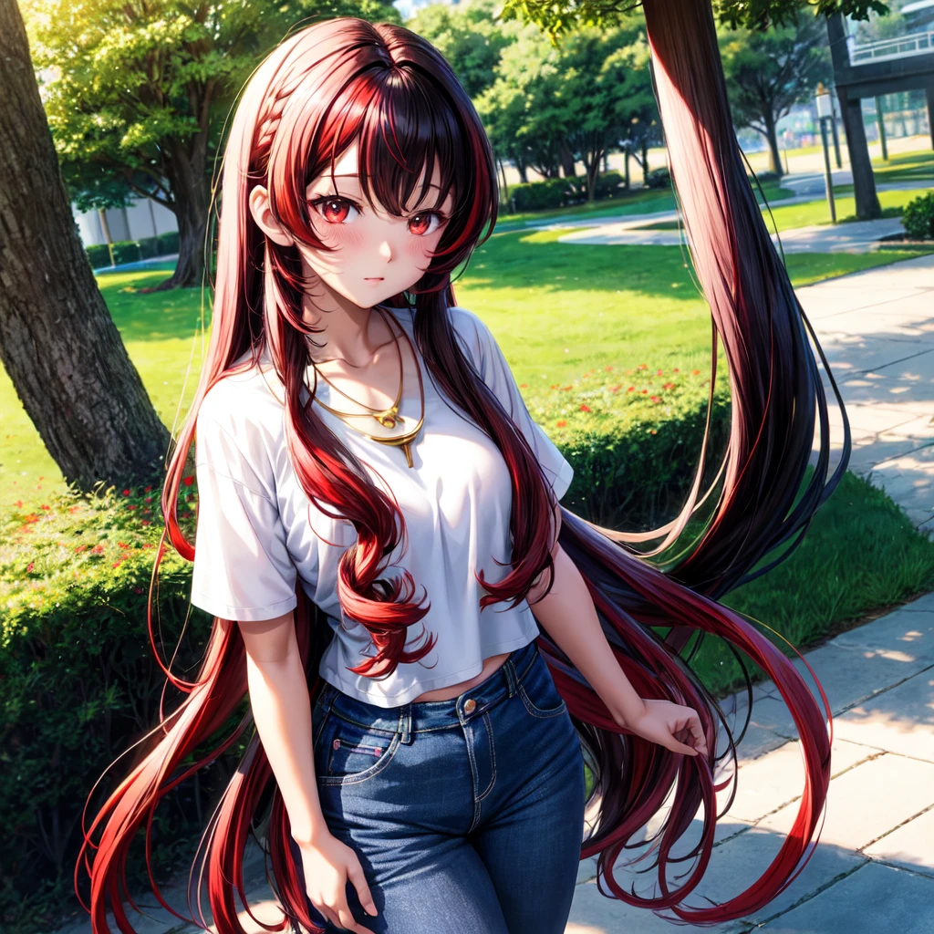 anime panel,upper body, 1girl,solo Korean, black curly hair with red highlights(long hair), red slanted eyes, casual clothes, necklace, hair illuminated by sunlight, park background , blushing