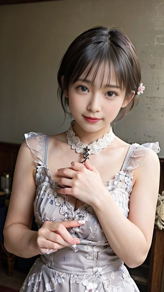 1 Nogizaka Musume、very cute、beautiful girl、19 years old、(gothic fashion)、beautiful face, Exquisite details of eyes and skin、fine black shiny hair、Classy ruffles、frilled tie、ribbon tie、rose hair accessories、(smile at the camera)、(cowboy shot)、(sea of europe)、professional lighting、break、(realistic、Photoreal:1.37)、8K、(masterpiece)、(highest quality:1.4)、(Super high resolution:1.2)、 (Raw photo:1.2)、(delicate lace、soft fabric、beautiful rose pattern dress)、perfect anatomy、4 fingers and 1 thumb、seaside background、(Wallpaper by Unity 8K)