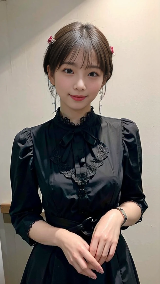 1 Nogizaka Musume、very cute、beautiful girl、19 years old、(gothic  fashion)、beautiful face, Exquisite details of eyes and skin、fine black shiny hair、Classy ruffles、frilled tie、ribbon tie、rose hair accessories、(smile at the camera)、(cowboy shot)、(sea of europe)、professional lighting、break、(realistic、Photoreal:1.37)、8K、(masterpiece)、(highest quality:1.4)、(Super high resolution:1.2)、 (Raw photo:1.2)、(delicate lace、soft fabric、beautiful rose pattern dress)、perfect anatomy、4 fingers and 1 thumb、seaside background、(Wallpaper by Unity 8K)