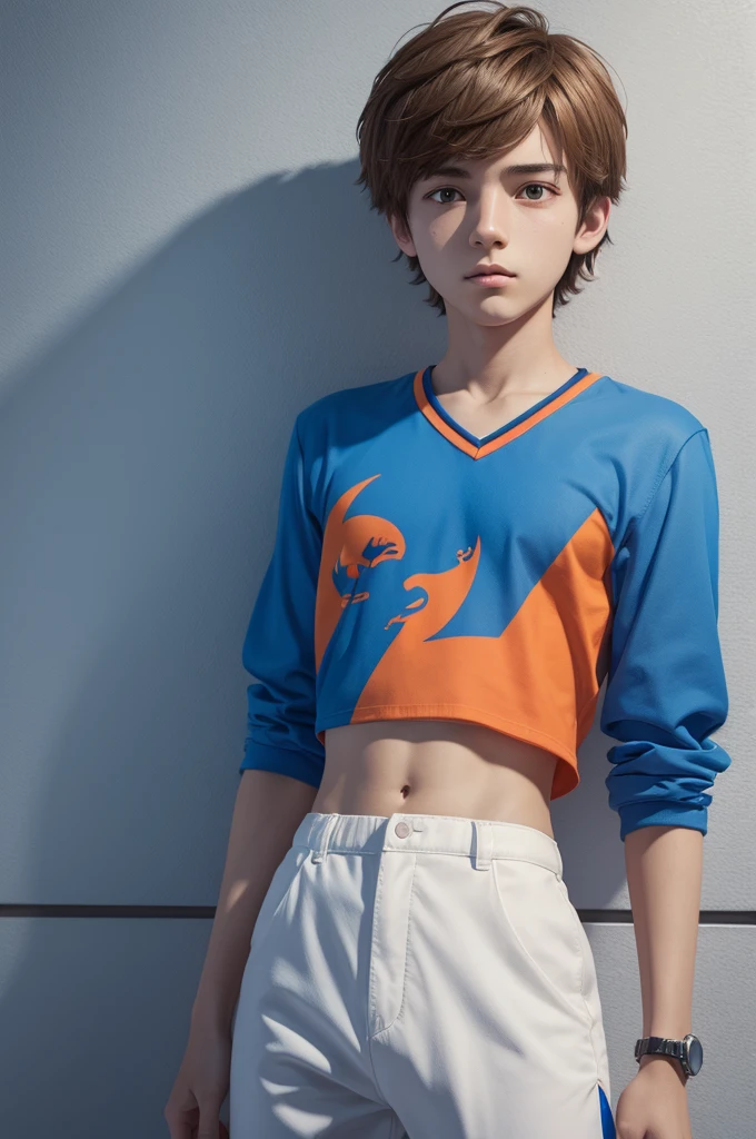 a  boy. 3d animation. Blue and orange blouse. short branco