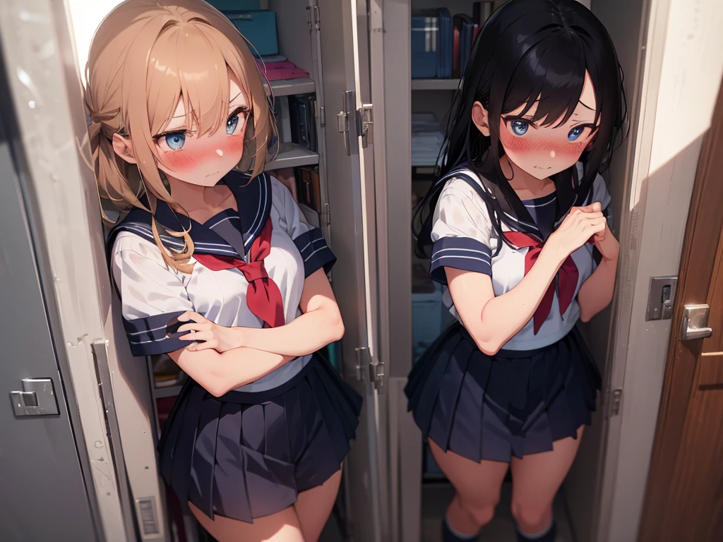 SFW, Realistic, masutepiece, VERY classroom interior detailed scenario, VERY crowded classroom detailed background, Insanely hot standing (woman 1) Use something sexy ((School uniform)), （Gray hair color Short hair）、（Indigo eyeole under the mouth）(((Lifted skirt)),（Big breasts）、 (Big ass), (thick thigths), (fear expression), blushed face,woman grabbing woman 1 from behind,(((woman pressing her chest on woman 1 back))) And (((woman holding her waist behind her))),  panties that are floral and pink panties,grabbing another’s breast