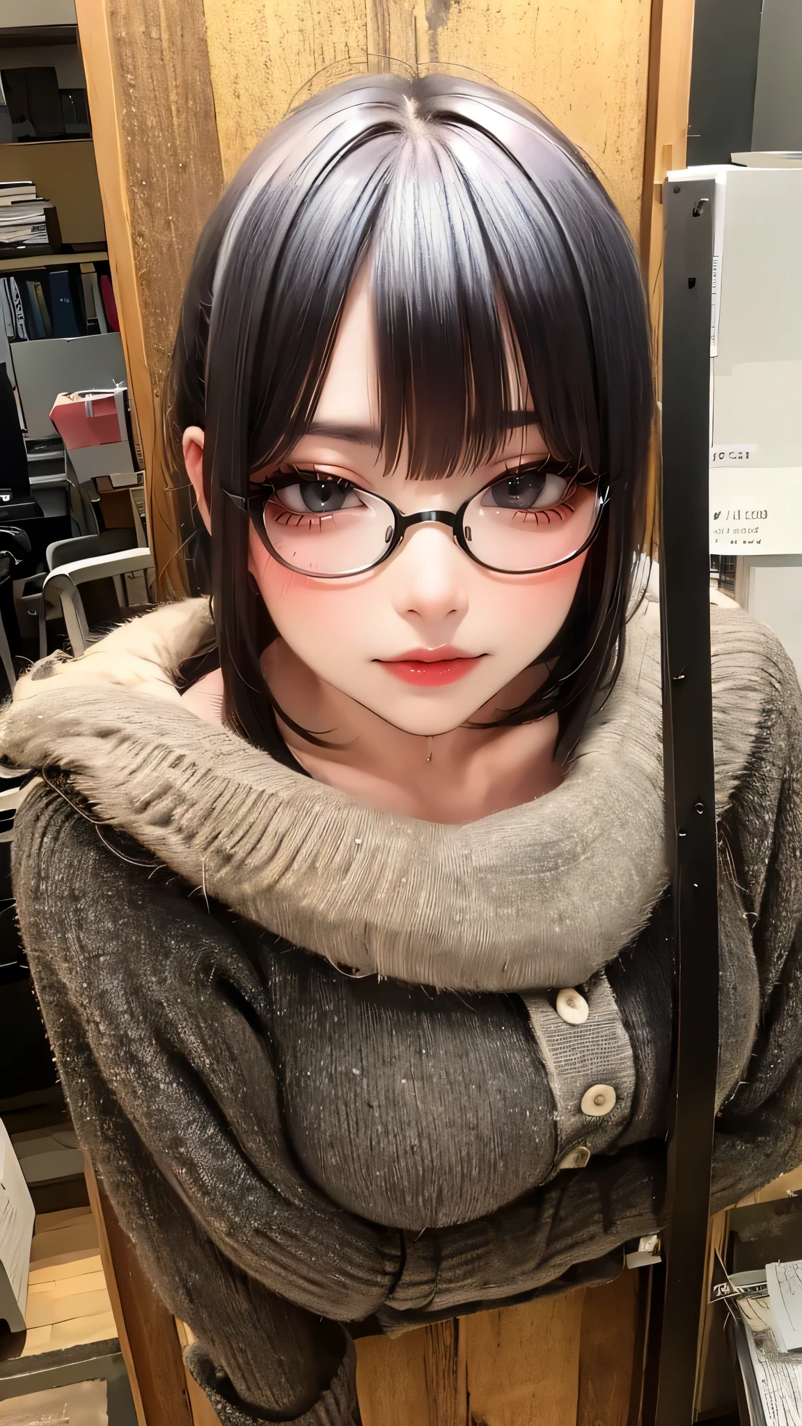 full body,(breast squeeze:1.2),(Thin type:1.5),(large breasts),(wearing glasses:1.5),(half color hair black and pink:1.5,random hairstyle),(Highest image quality, (8K), Ultra-realistic, Best Quality, High quality, High Definition, high quality texture, high detailing, Beautiful detailed, fine detailed, extremely details CG, Detailed texture, realistic representation of face, masterpiece, presence)