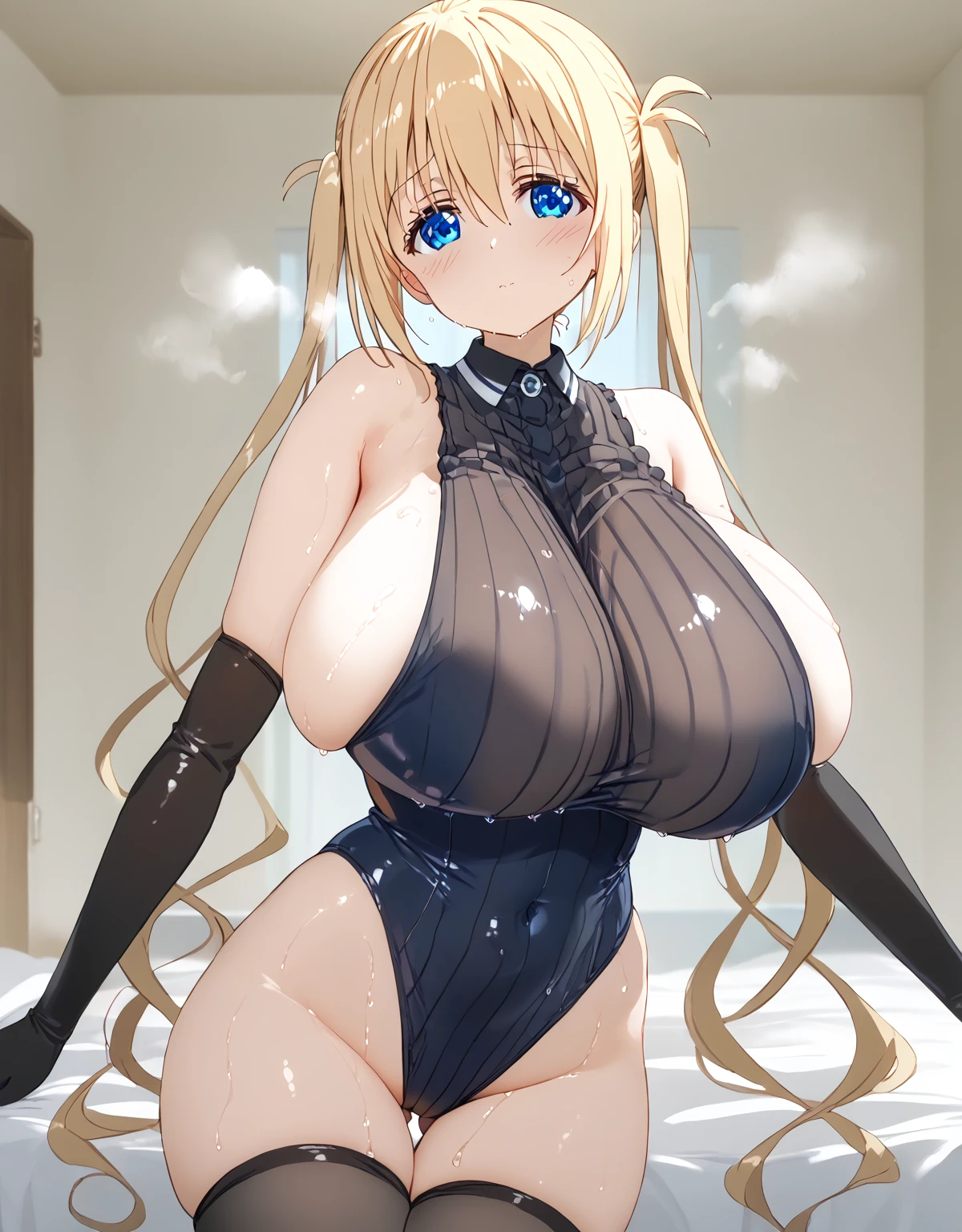 nsfw,((solo girl)),((Perfect body,))((Super beautiful,))((High quality,)), (sweaty,) (wet all over,),Steam,blush,(gigantic breast),((hinata kaho,hinata kaho\blend s\,blond twintail hair,blue eyes,)),collar,bed room,shiny glossy,small mouth,((Sleeveless leotard with vertical lines,thigh-high socks,long gloves)),Looking at Viewer,cowboy shot