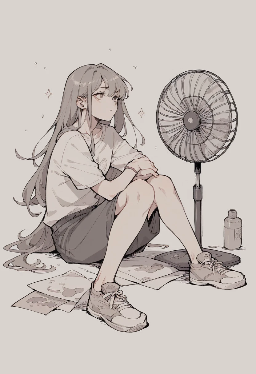  girl in cool clothes sitting with a battery powered fan in her hand while her long hair moves with the wind in a simple line sketch style in pastel colors