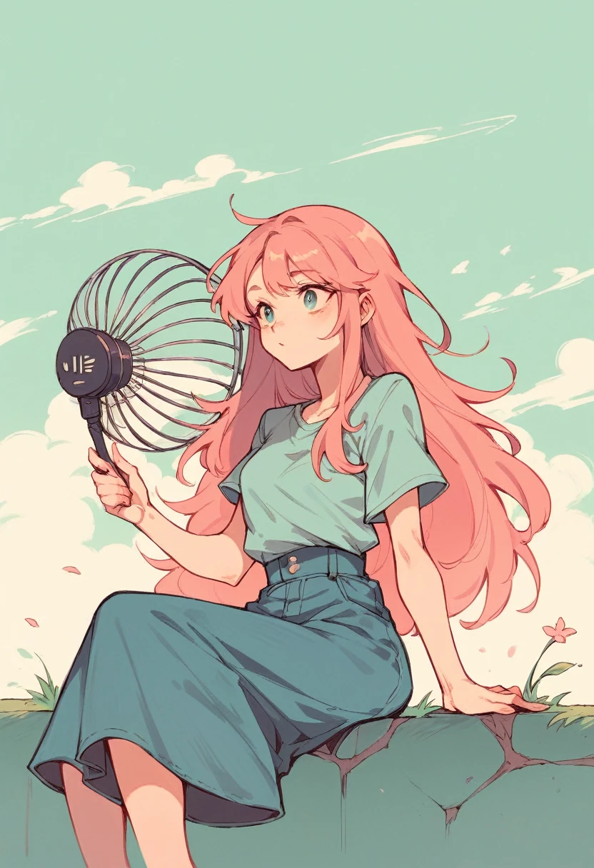 teenage girl in cool clothes sitting with a battery powered fan in her hand while her long hair moves with the wind in a simple line sketch style in pastel colors