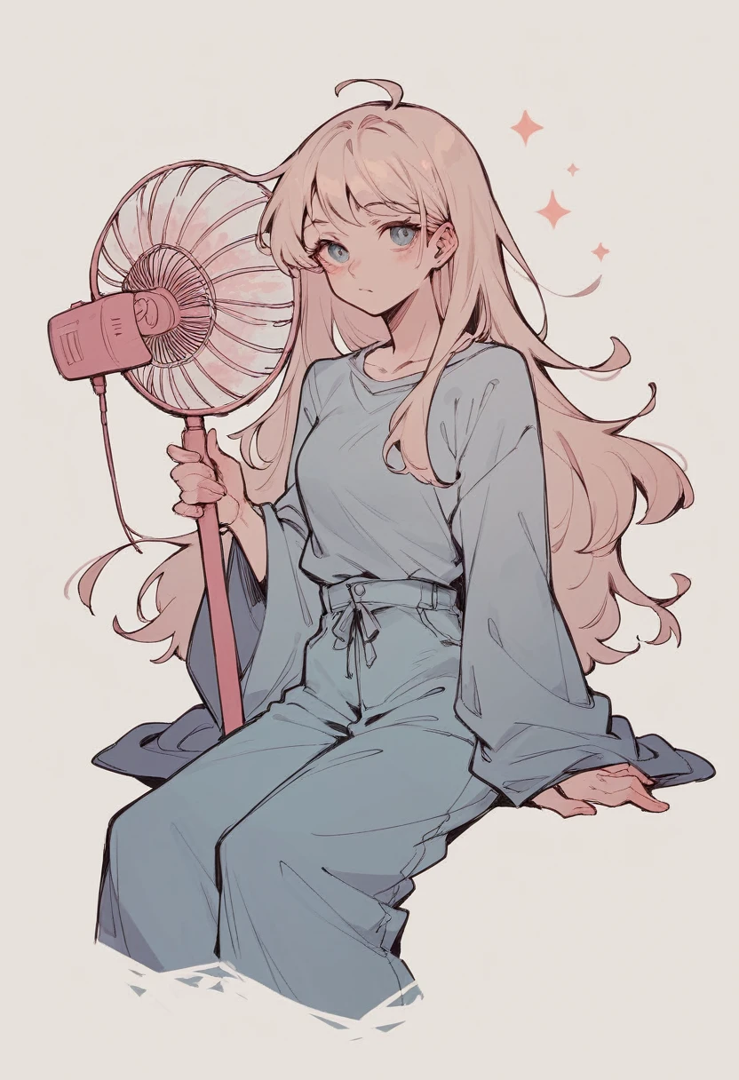 teenage girl in cool clothes sitting with a battery powered fan in her hand while her long hair moves with the wind in a simple line sketch style in pastel colors
