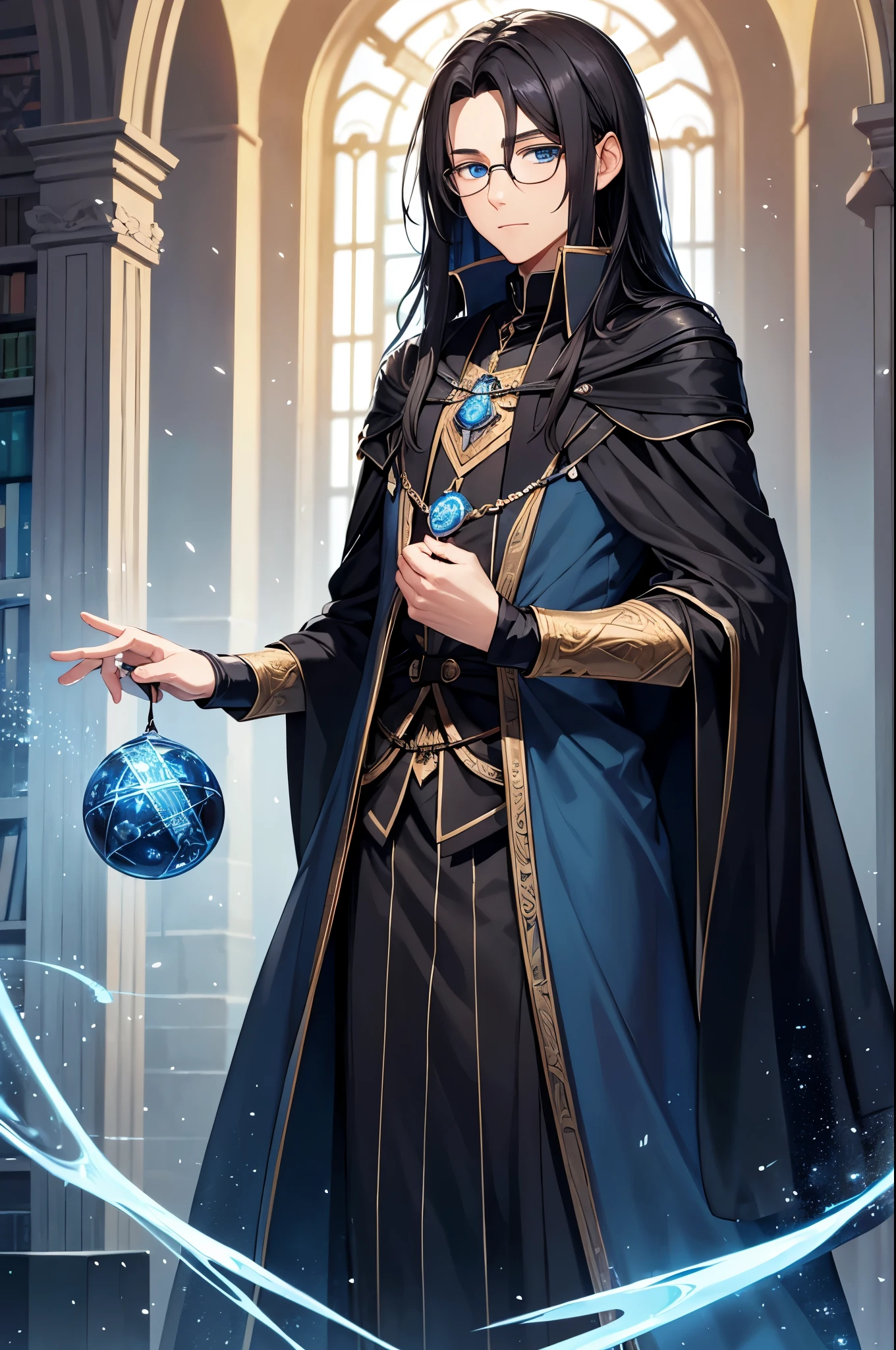 A man with glasses, black long-haired wizard, dark blue eyes, black with blue wizard clothes, young magician, intellectual, cold personality, magic library background