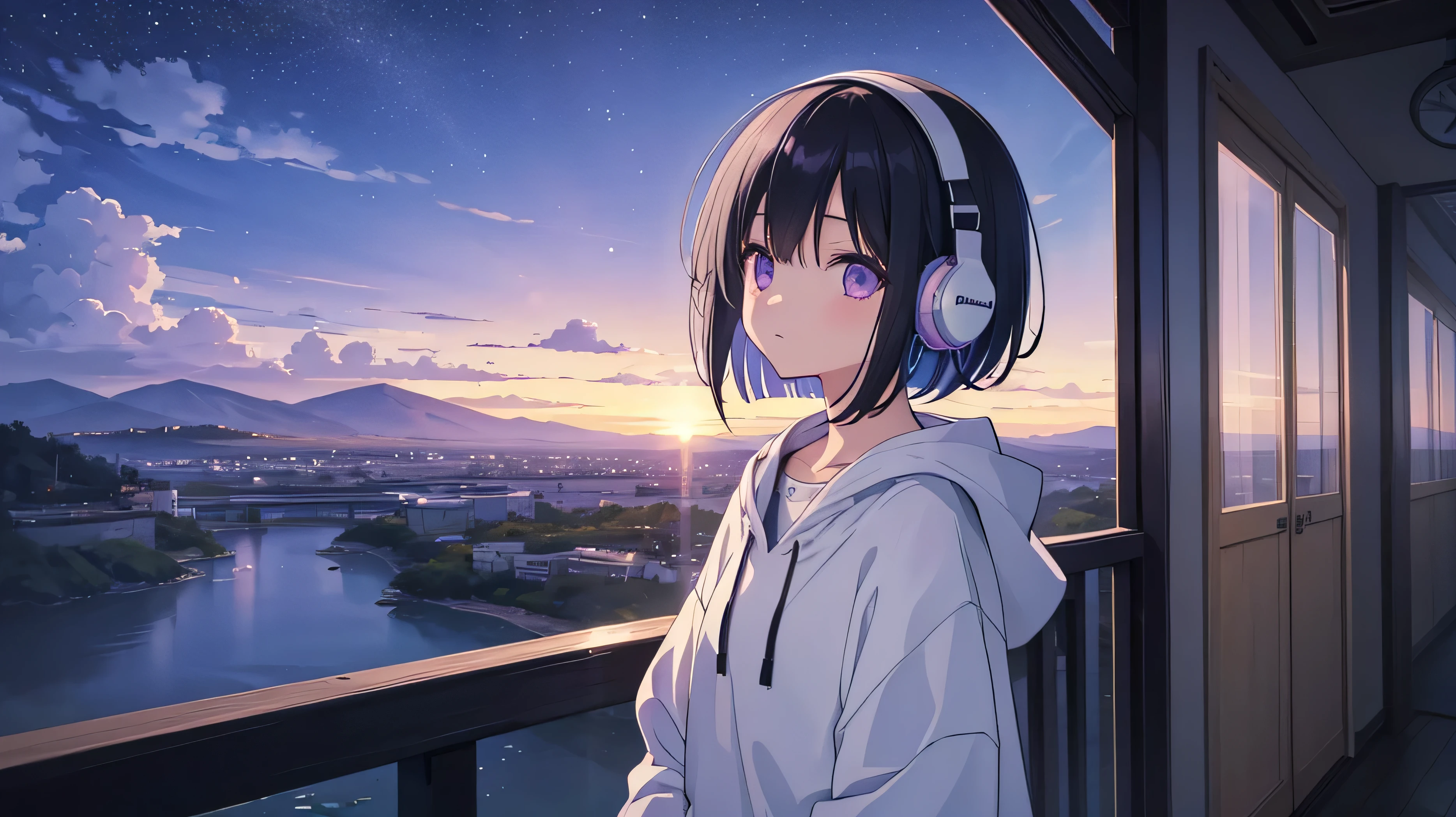 Masterpiece、super high quality、Chill、pastel colour、landscape、alone、Lonely、Wearing headphones、pretty girl、Black Hair、Bob Hair、Eyes are purple、Droopy eyes、dream-like、Late Night、Lost in Thought、super high quality、Lo-Fi